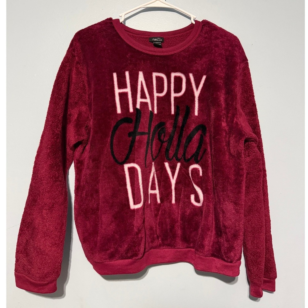 rue21 Women's L Happy Holla‎ Days Burgundy Faux Fur Sherpa Sweatshirt 1680